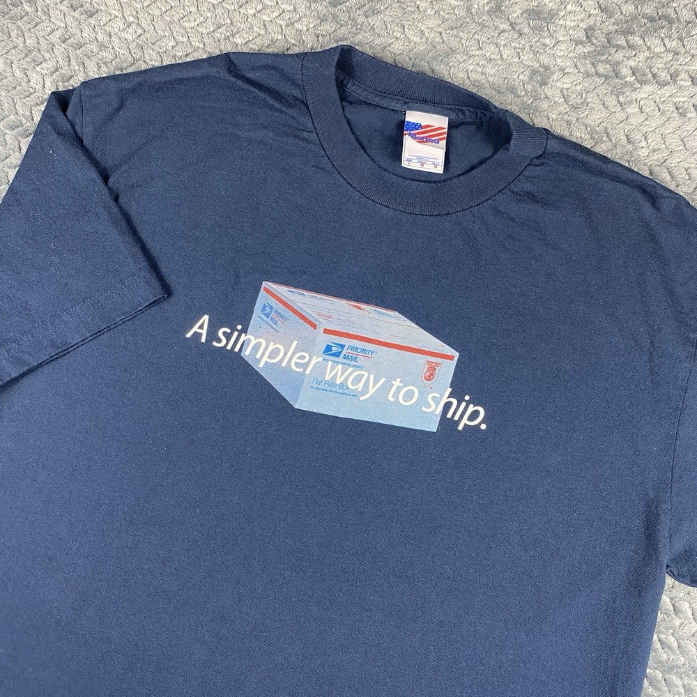 Vintage USPS A Simpler Way To Ship Men's Blue Priority Disressed Faded Large Y2K